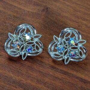 🫧 Vintage Coro silver tone Aurora Borealis AB crystal clip signed earri…
